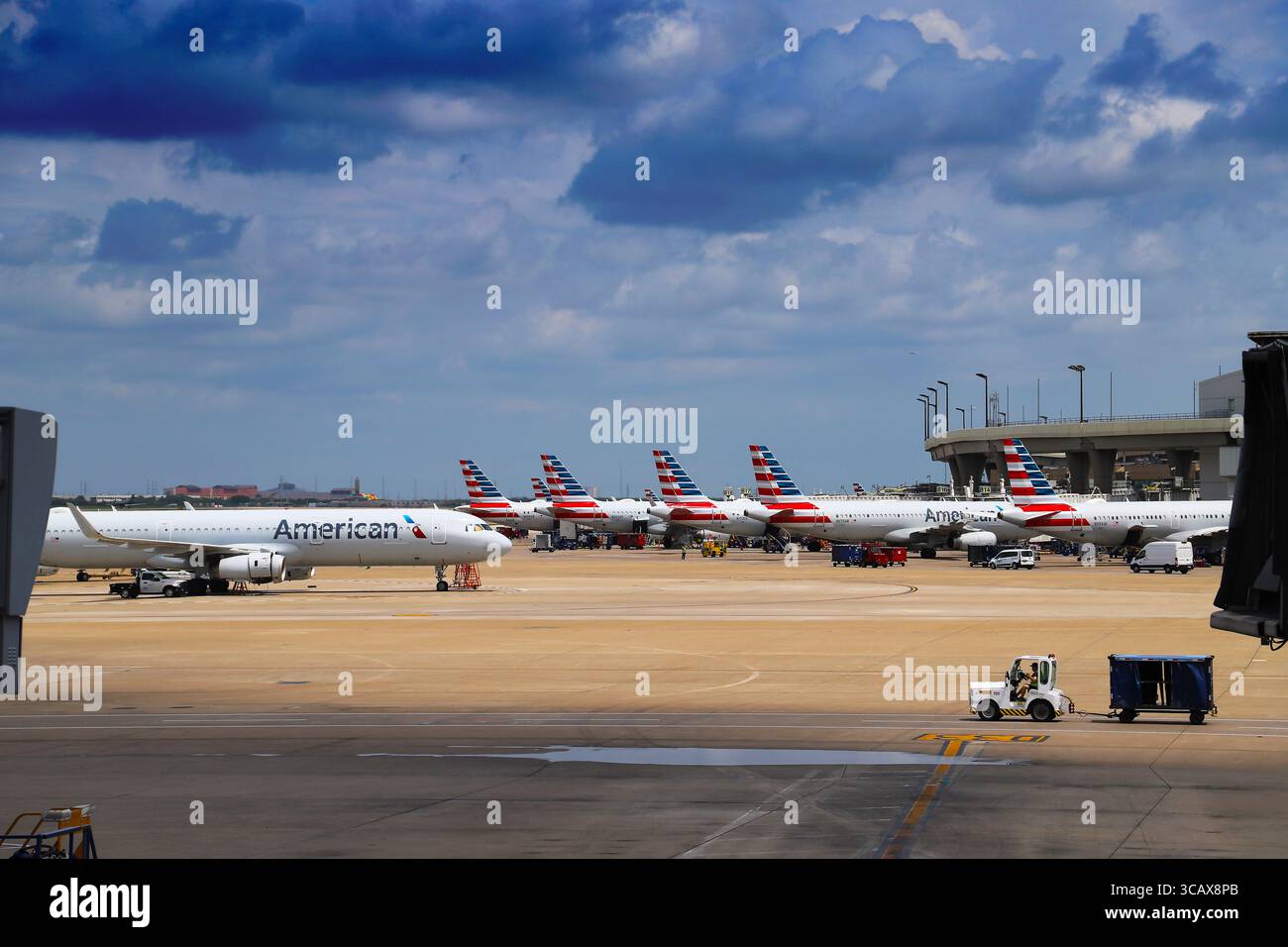 Più aerei American Airlines parcheggiavano sull'asfalto dell'aeroporto sotto un cielo nuvoloso all'aeroporto internazionale di Dallas/Fort Worth (DFW), Dallas, Texas Foto Stock