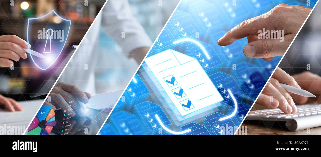 Un uomo d'affari garantisce la corretta archiviazione dei documenti su un server sicuro, nel rispetto della conformità legale. Le icone dei file digitali con i segni di spunta rappresentano la protezione e. Foto Stock