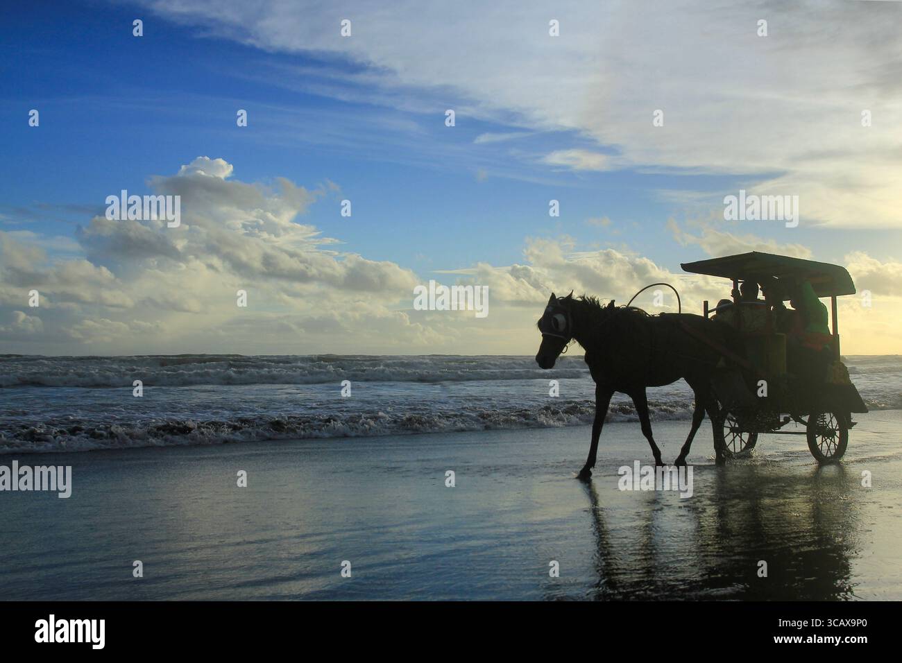 La sagoma di una carrozza trainata da cavalli che si muove lungo la costa crea un'atmosfera tranquilla. Foto Stock