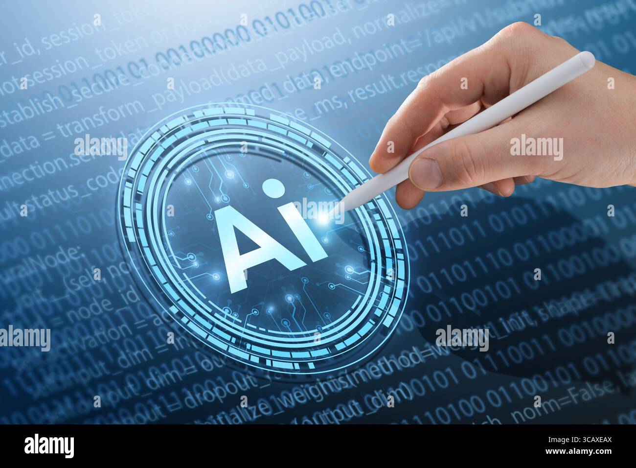 Un analista tocca un'icona olografica dell'intelligenza artificiale, che rappresenta l'intelligenza artificiale generativa, l'elaborazione dei big data e l'apprendimento automatico utilizzati per il bu intelligente Foto Stock