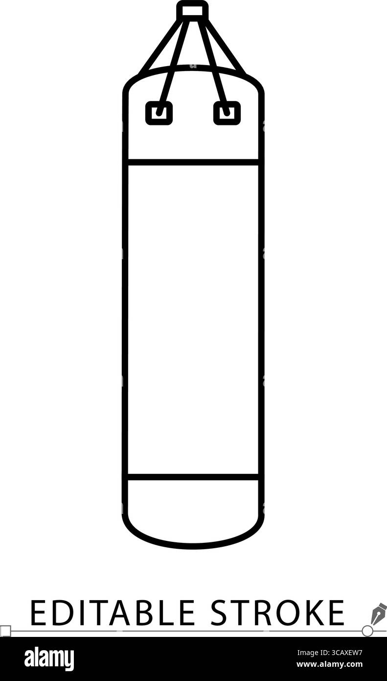 Un'icona a forma di borsa in stile minimalista con tratto modificabile. Attrezzatura da pugilato, allenamento di combattimento, attrezzatura fitness, oggetto di arti marziali, elemento di allenamento Illustrazione Vettoriale