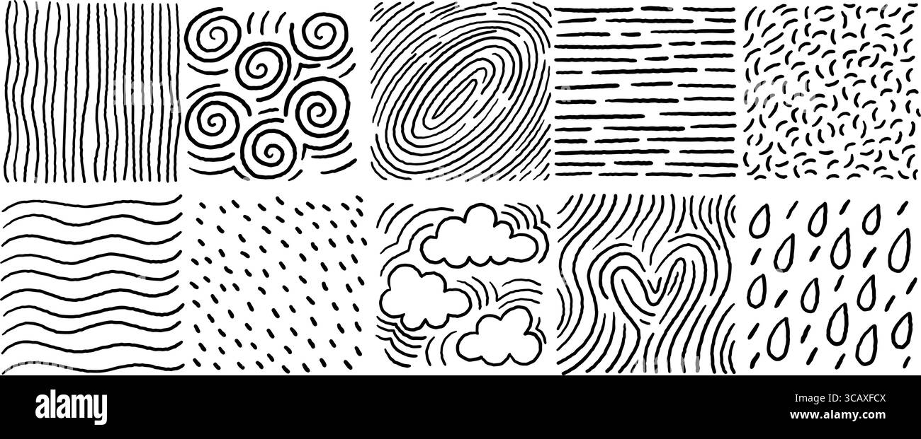 Set di pattern di campitura creativi, tra cui nuvole, gocce, onde e impronte digitali. Piastrelle quadrate bianche e nere disegnate a mano. Illustrazione vettoriale stock Illustrazione Vettoriale