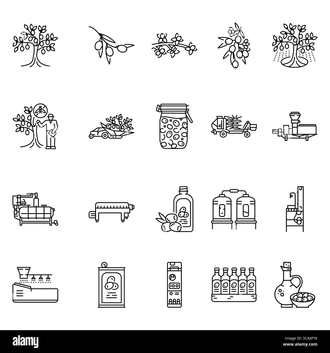 Set di icone della linea nera per la produzione di olio d'oliva. Elemento isolato vettoriale. Traccia modificabile. Illustrazione Vettoriale