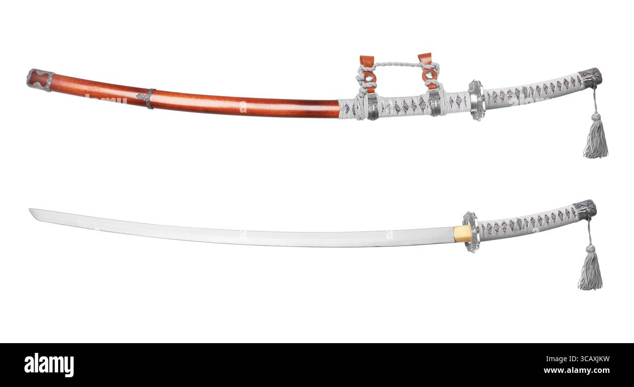 Katana, spada giapponese, isolato su sfondo bianco Foto Stock