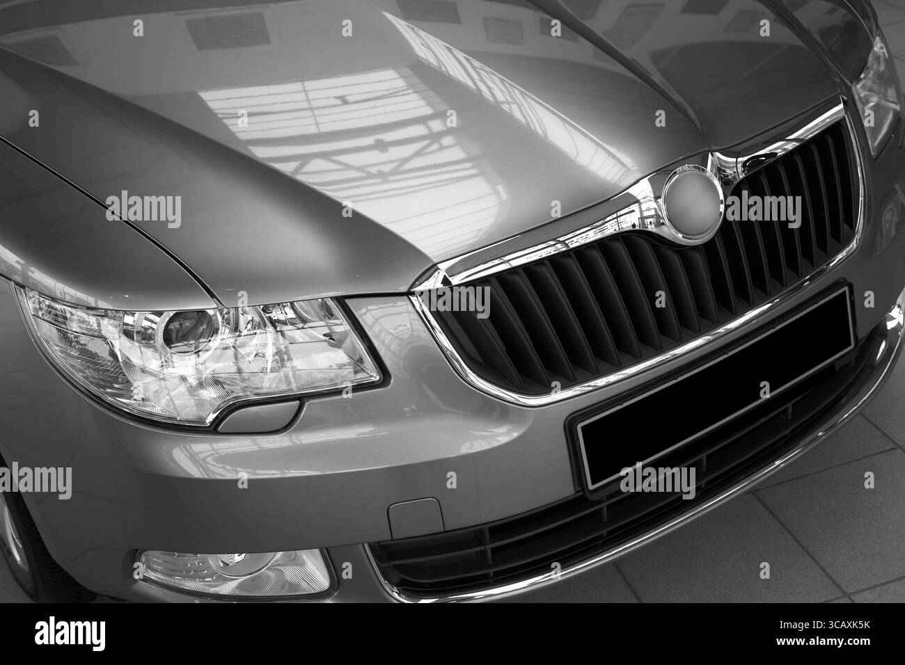 faro per auto e griglia del radiatore su un'auto grigia Foto Stock