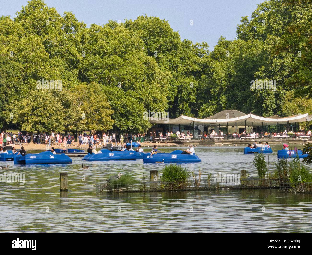 Pedalò blu sul lago Serpentine di fronte al Cafe and Bar, un luogo popolare per i visitatori di Hyde Park a Londra, Regno Unito. Foto Stock