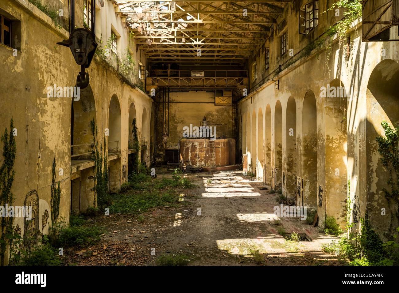 Sala industriale abbandonata illuminata dal sole con macchinari arrugginiti, piante sovrastate e muri sbucciati che mostrano il degrado urbano e la storia dimenticata Foto Stock