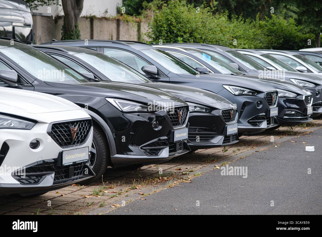 Fila di vetture Cupra usate fuori dalla concessionaria Foto Stock