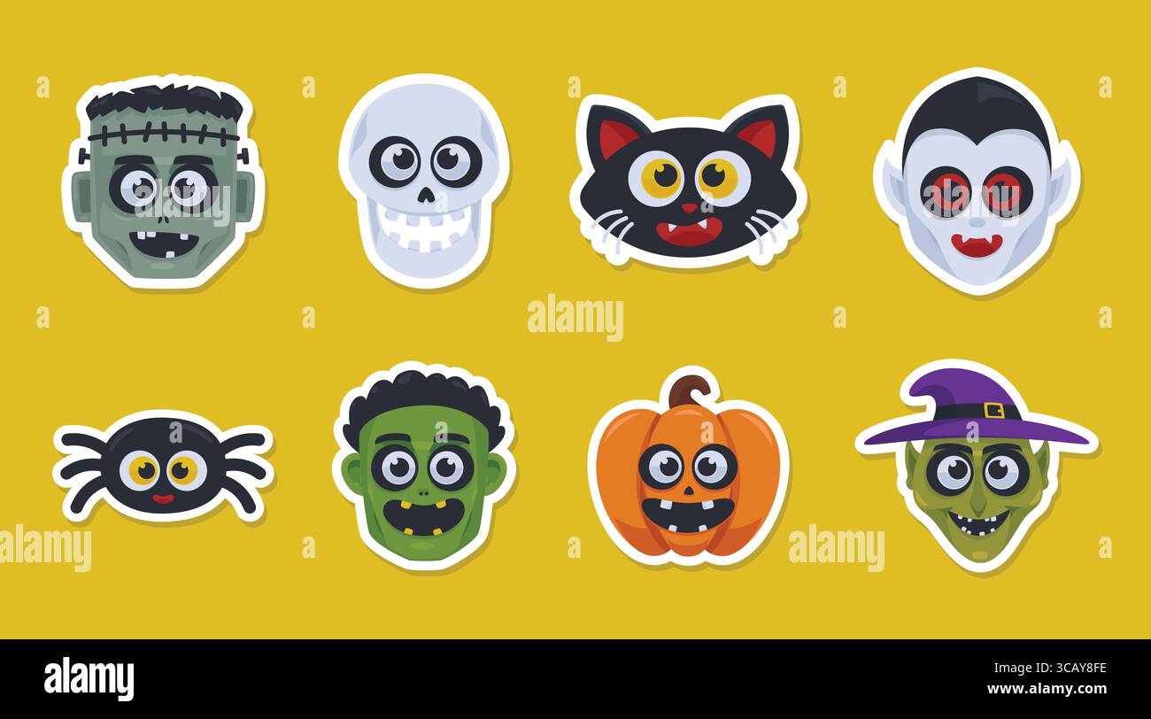 Gli adesivi della testa del personaggio di Halloween includono zucca, zombie, strega e molto altro ancora. Adorabile set di clip art per la testa di mostro Illustrazione Vettoriale