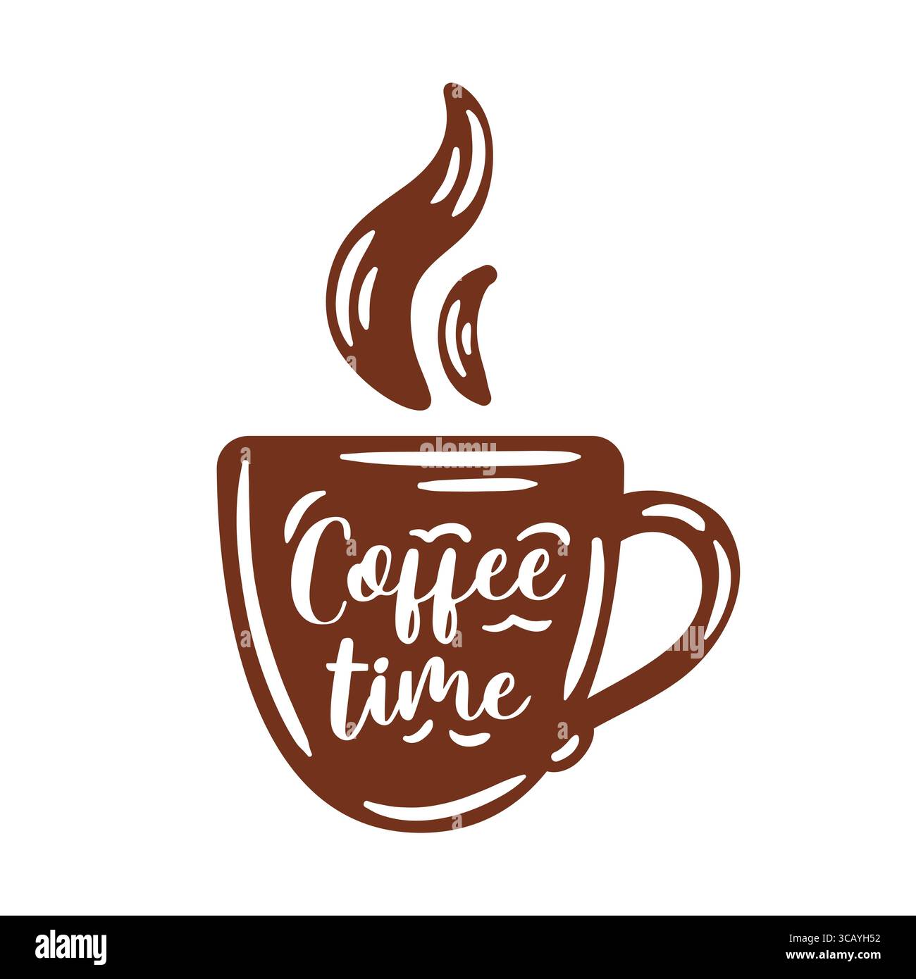 Questa illustrazione vettoriale mostra una silhouette di una tazza di caffè con sopra il vapore che si innalza aggraziatamente. Il design cattura il tuo stile grazie alla scritta elegante Illustrazione Vettoriale