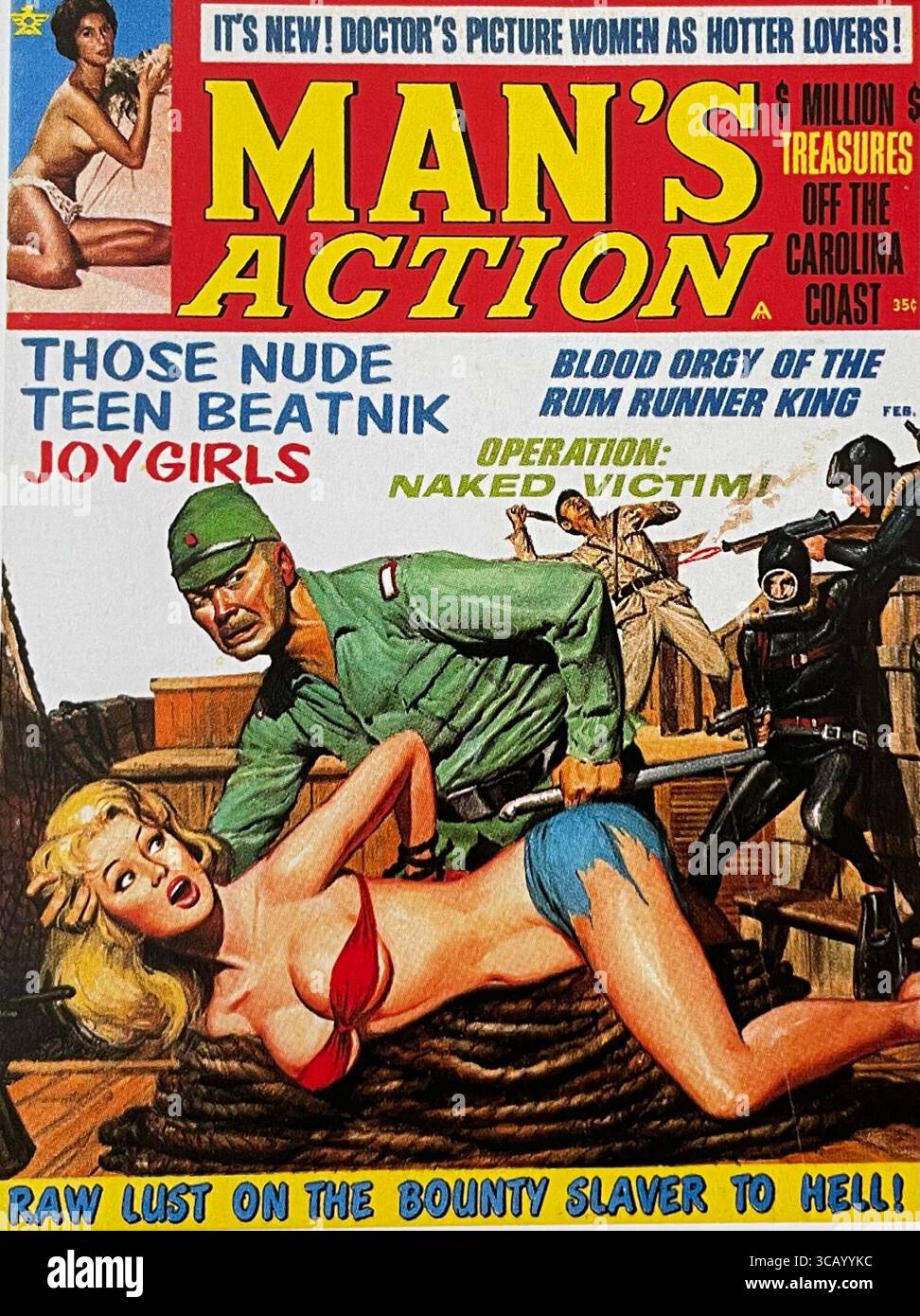 1968 febbraio, copertina di Man's Action Magazine con illustrazioni di John Duillo, "Those nude teen beatnik joygirls" Foto Stock