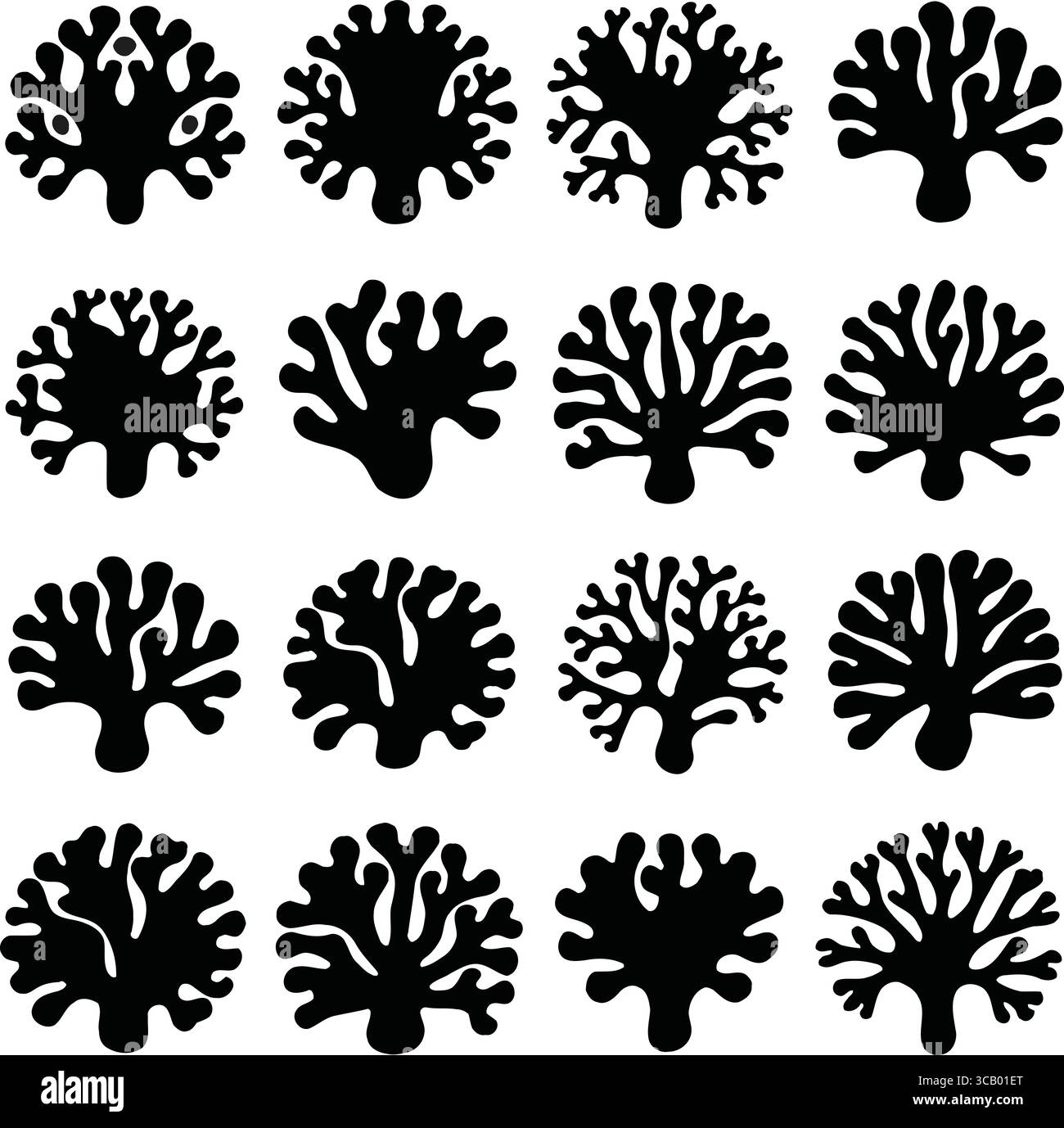 Una collezione di 16 sagome nere di vari disegni di corallo disposte in un formato a griglia. Ogni forma di corallo è unica e presenta forme e te diverse Illustrazione Vettoriale