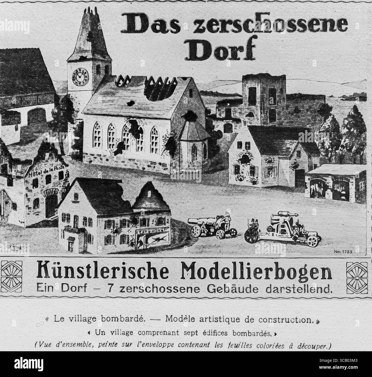 Giocattolo tedesco per bambini del 1916 che raffigura un villaggio francese distrutto: "DAS zerschossene Dorf" (il villaggio bombardato), parte di un kit modello di carta. Pubblicato durante la prima guerra mondiale, questo giocattolo riflette la propaganda in tempo di guerra e una normalizzazione inquietante della violenza attraverso i giochi dei bambini. Presentato a LíIllustration, 1 aprile 1916. Foto Stock