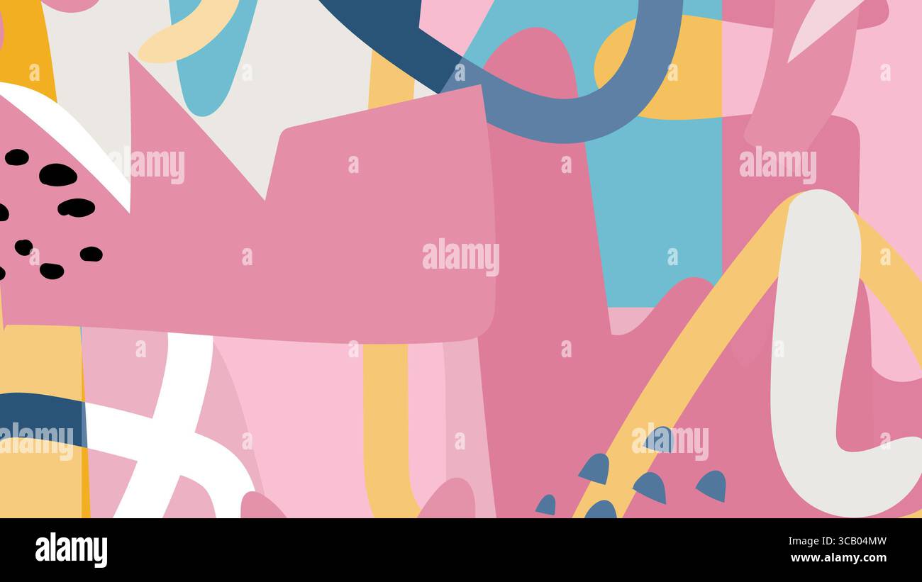 Illustrazione contemporanea che combina elementi astratti dalla forma libera con linee curve e vivaci scarabocchi in tonalità pastello. Foto Stock