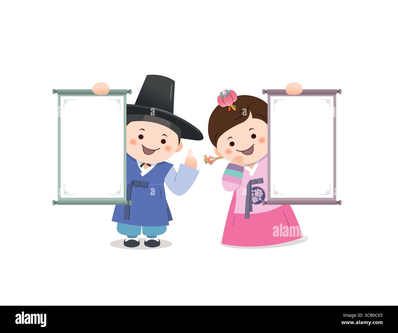 Design tradizionale coreano. Una coppia che indossa l'hanbok e tiene una pergamena. Illustrazione Vettoriale