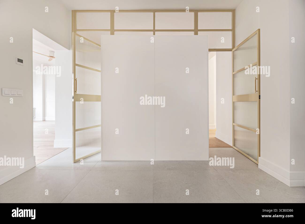 Cabina armadio dal design contemporaneo con porte bianche lucide e ingressi in metallo satinato con vetro smerigliato Foto Stock