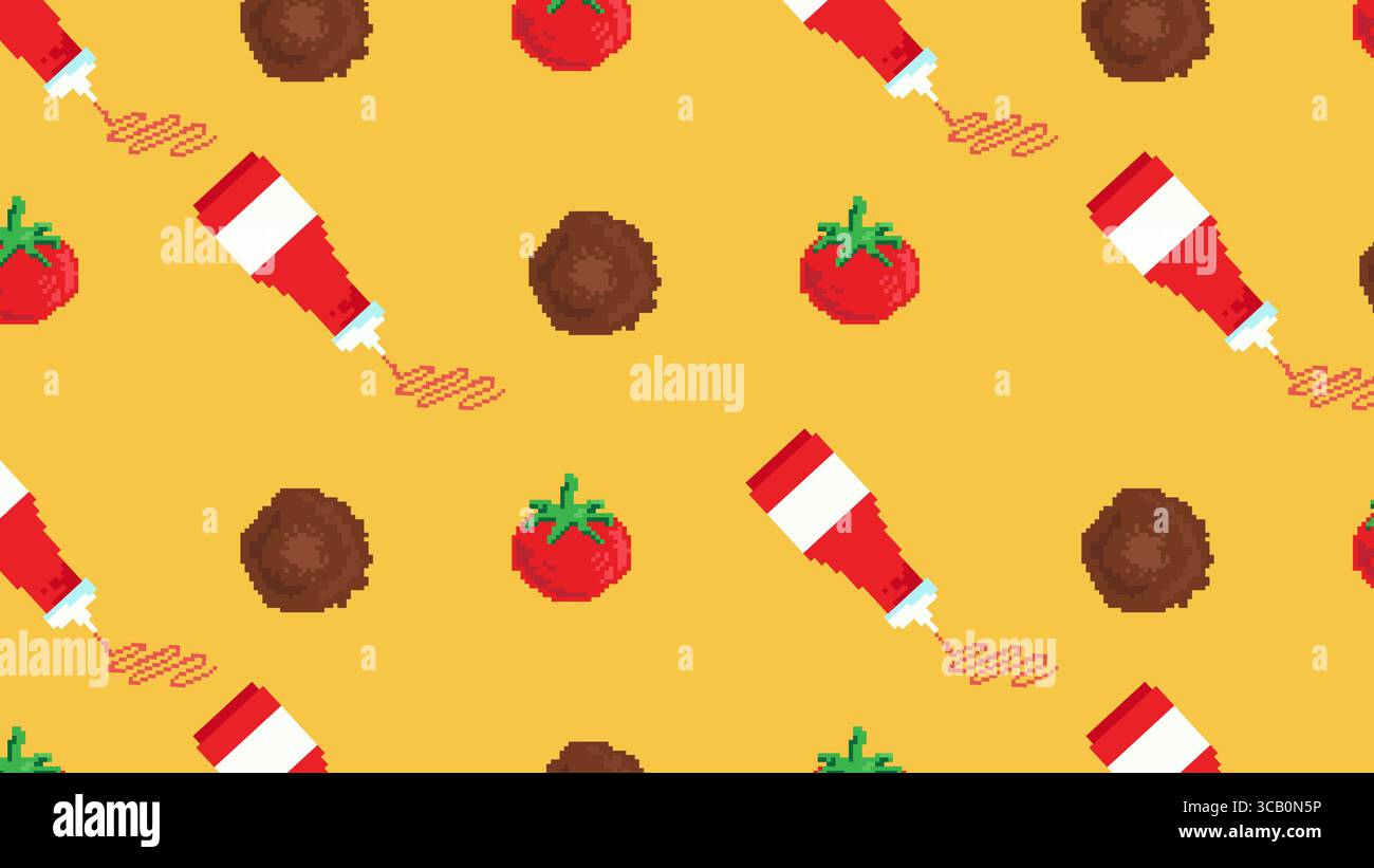 Hamburger classici, cipolle e foglie di lattuga fresca in stile pixel art retrò disposti su una griglia rossa per un design culinario o vintage. Foto Stock