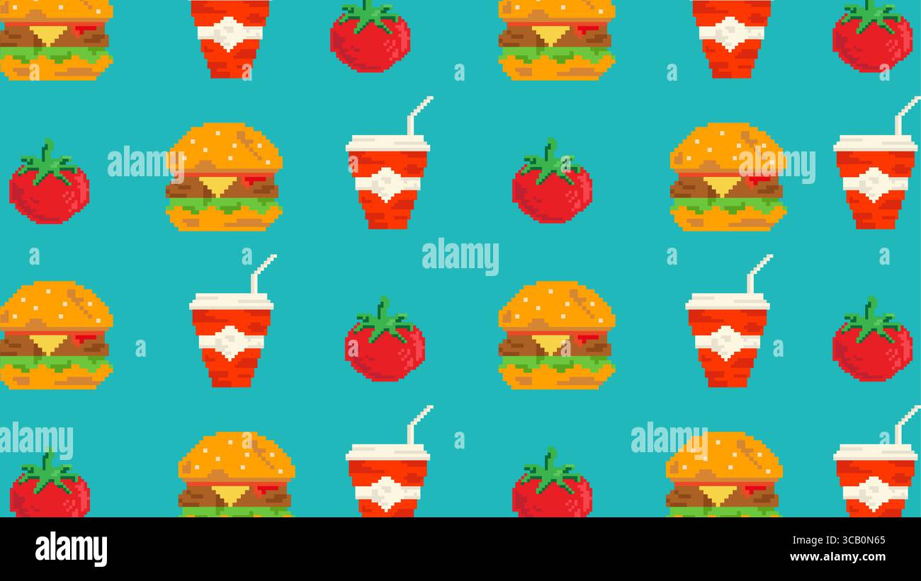 Icone del fast food, tra cui hamburger, bibite gassate e pomodori con uno stile retro pixel art su una griglia luminosa per temi di cibo digitale e vintage aesth Foto Stock