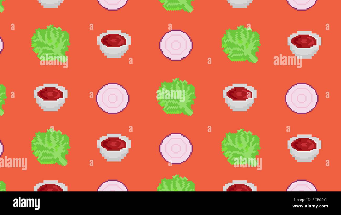 Peperoncini, hamburger e cipolle in stile pixel su sfondo a griglia viola, perfetti per piatti piccanti, menu retrò e divertenti temi culinari. Foto Stock