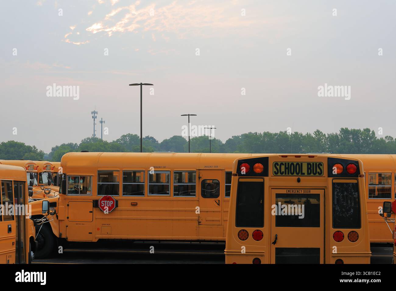 Gli scuolabus gialli sono pronti per far tornare i bambini a scuola Foto Stock