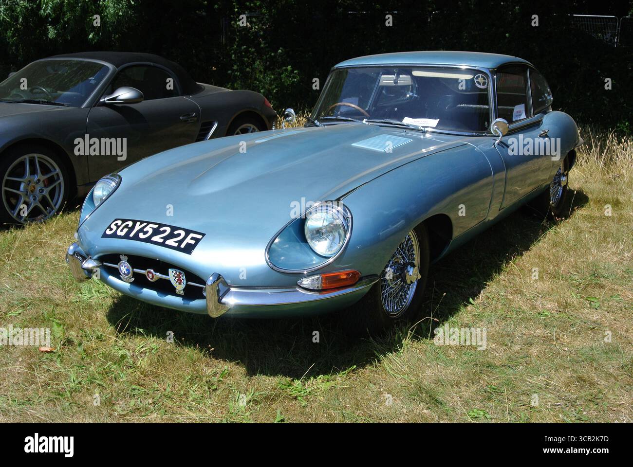 Una Jaguar e Type del 1968 parcheggiata in mostra al 50th Historic Vehicle Gathering, Powderham, Devon, Inghilterra, Regno Unito. Foto Stock