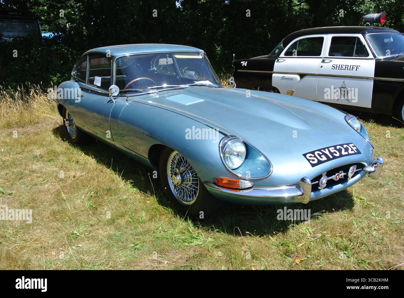 Una Jaguar e Type del 1968 parcheggiata in mostra al 50th Historic Vehicle Gathering, Powderham, Devon, Inghilterra, Regno Unito. Foto Stock