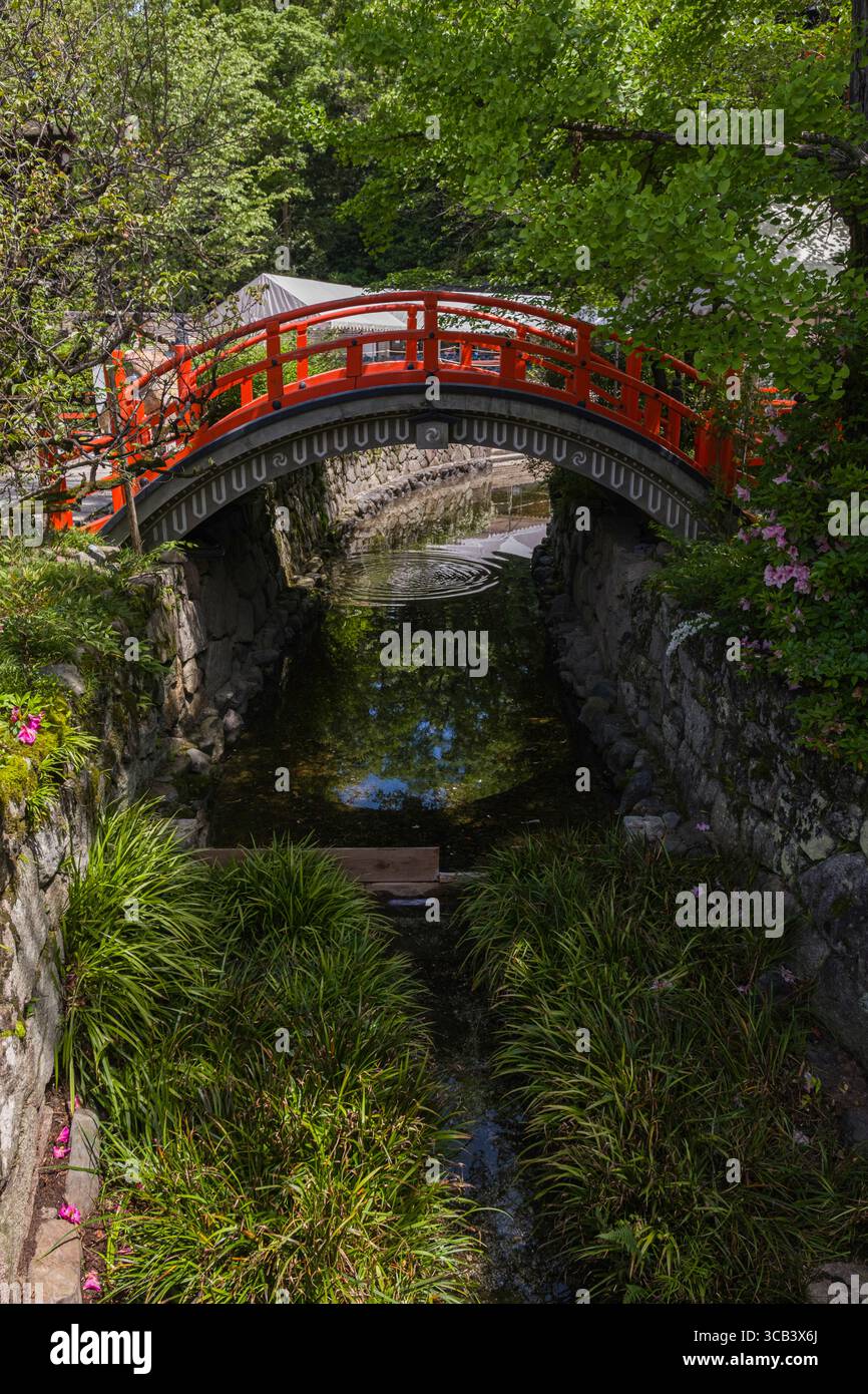 Un tranquillo giardino giapponese caratterizzato da un suggestivo ponte ad arco rosso su un tranquillo corso d'acqua, circondato da vibranti frontoni verdi e pareti in pietra. Foto Stock