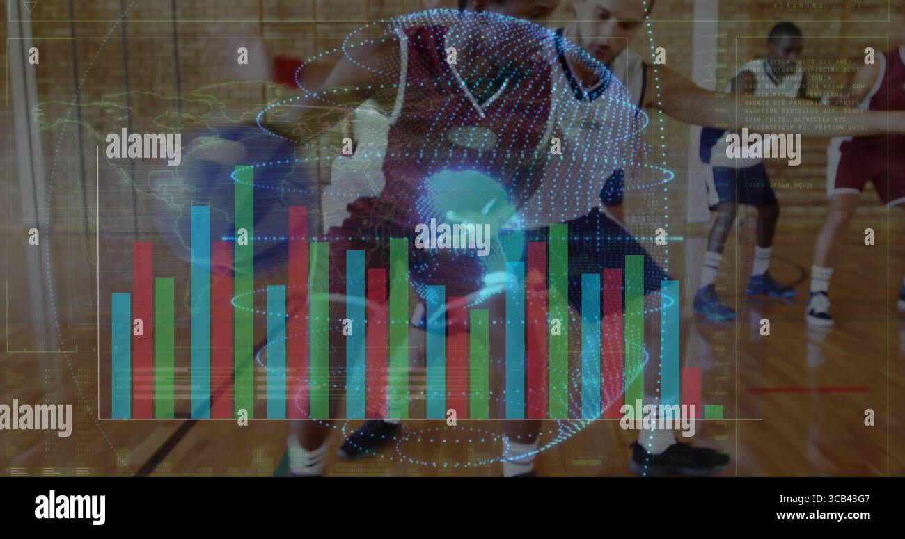 Atleta bianco che pratica il basket a metà campo, con maglie rosse e rivestimento olografico Foto Stock