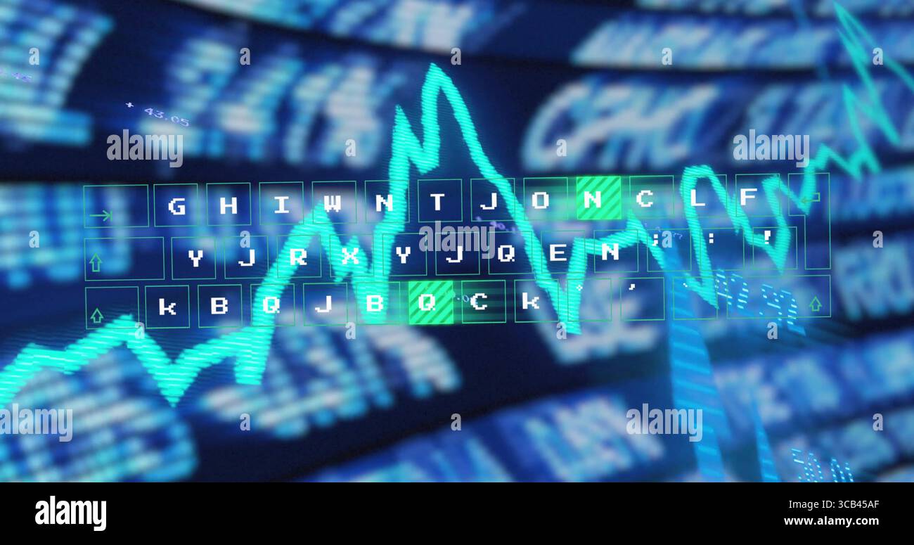 Visualizzazione del grafico al neon teal in esecuzione sulla schermata commerciale, con tastiera ologramma e scorrevoli Foto Stock