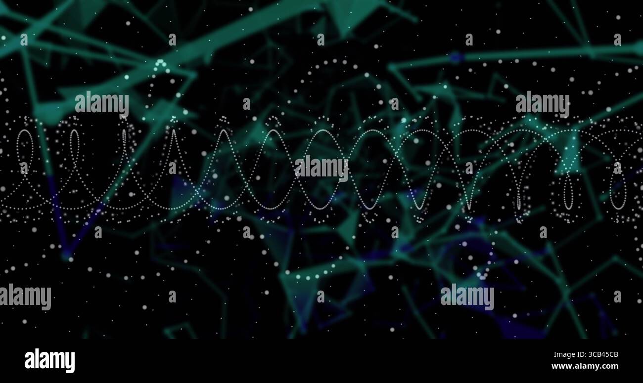 Visualizzazione dell'onda sinusoidale punteggiata orizzontale nello spazio virtuale, con rete poligonale e punti luminosi Foto Stock