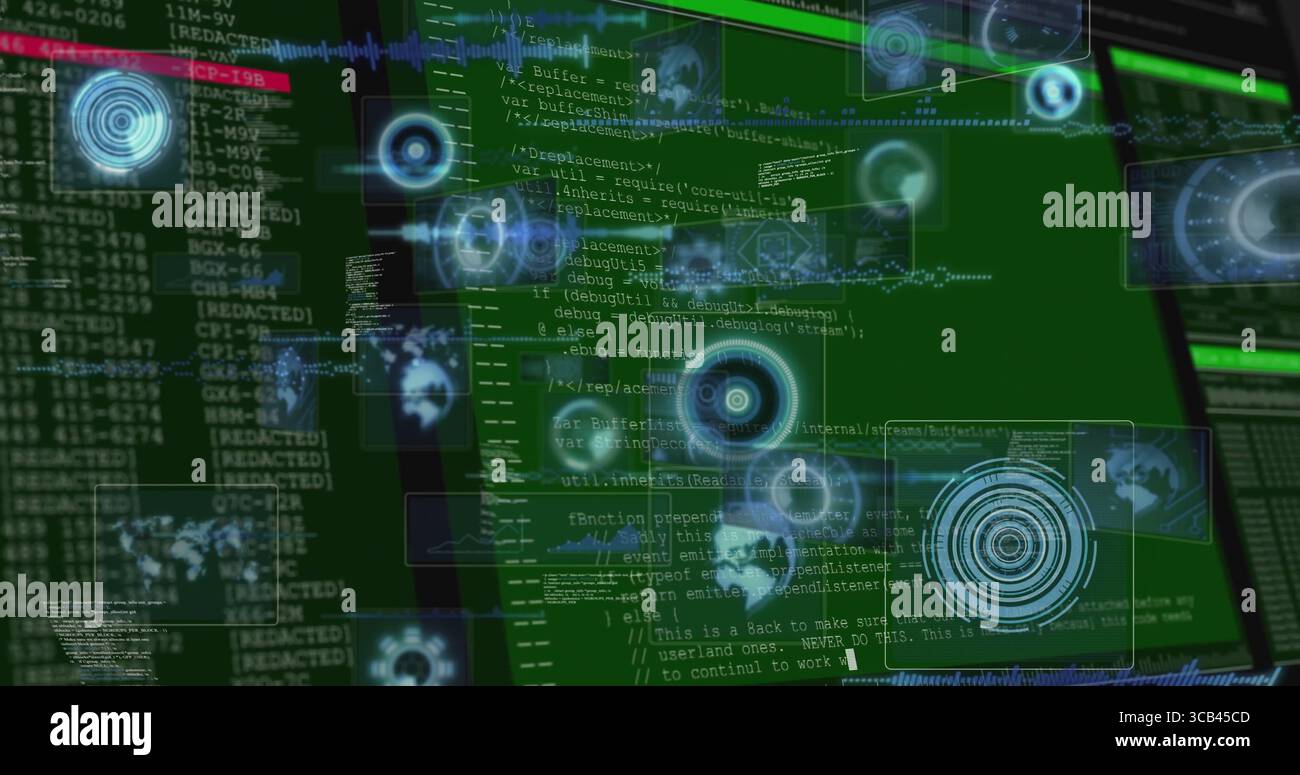 Visualizzazione dell'elemento HUD olografico ciano fluttuante sull'interfaccia dati, con codice e terminali Foto Stock