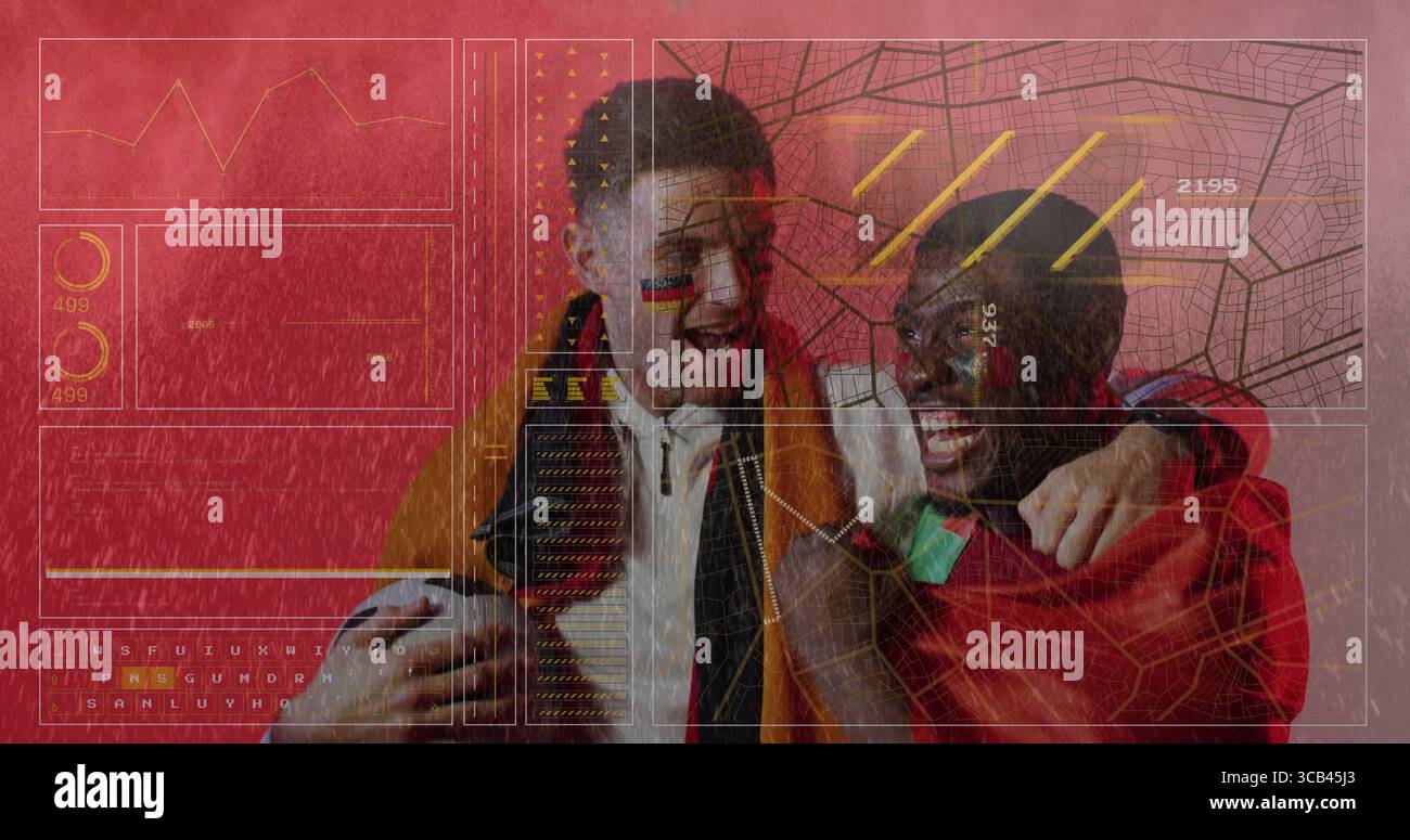 Tifosi sportivi che indossano vernice per il viso, mantello bandiera in studio, con pallone da calcio e grafica dati Foto Stock