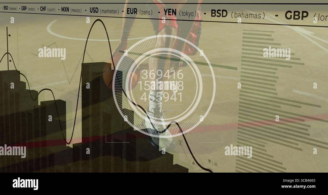 Dribbling giocatore di basket che si fonde con carte a barre o a linee sul campo, con widget circolari e ticchettio Foto Stock