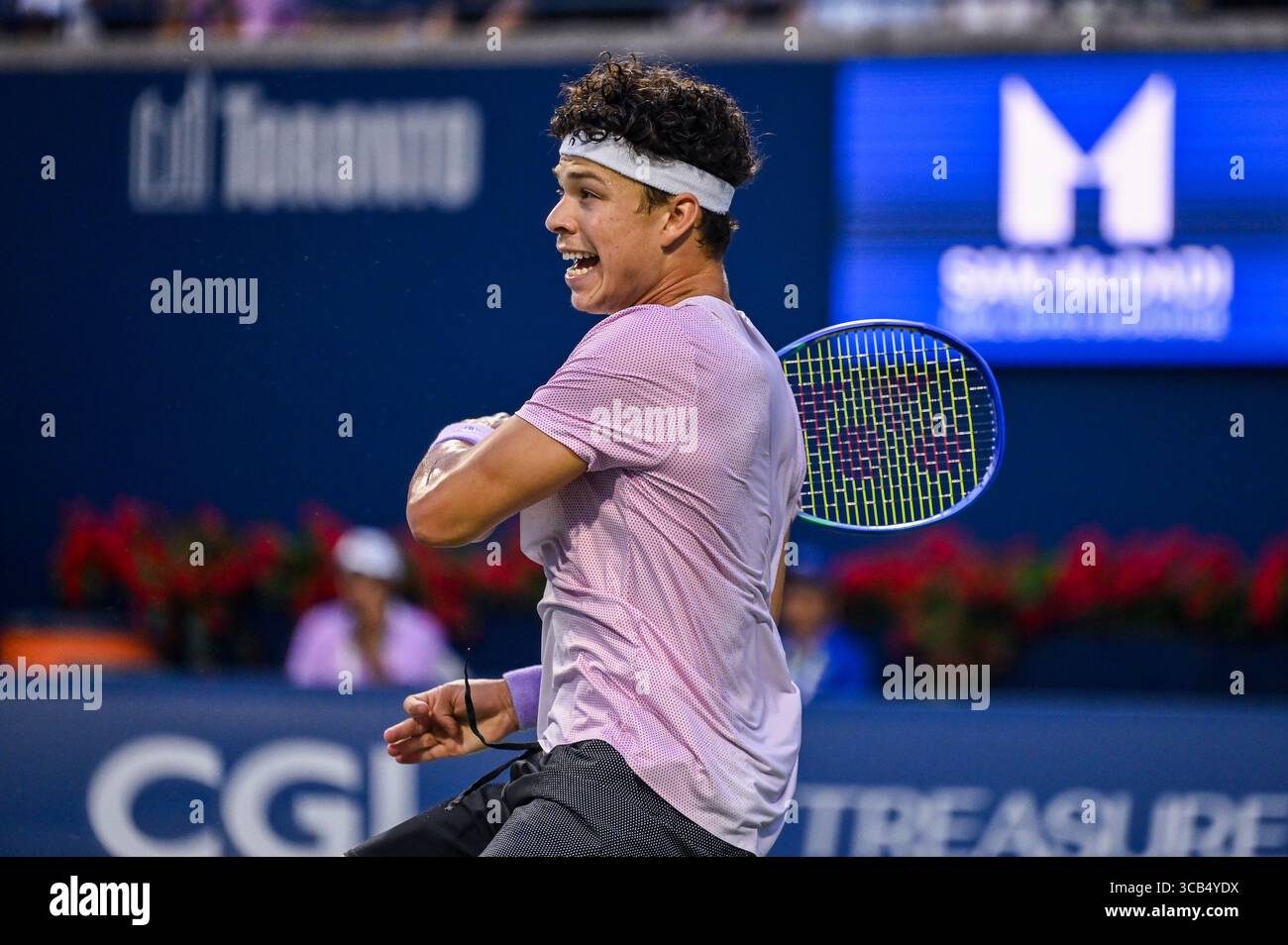 Toronto, Canada. 7 agosto 2025. Il tennista americano Ben Shelton partecipa alla finale del National Bank Open presentata da Rogers al Sobeys Stadium di Toronto. Credito: EXImages/Alamy Live News Foto Stock