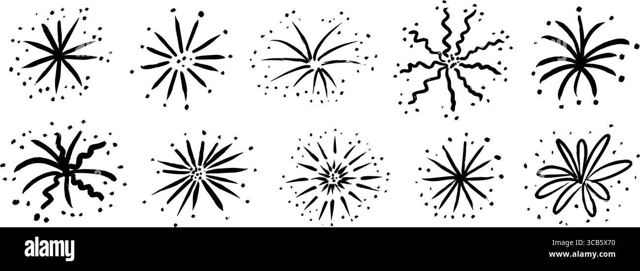 Set di fuochi d'artificio disegnati a mano. Collezione di elementi pirecracker con spiedini a pastello. Schizzo a matita pastello di scintillio, esplosione, luci a stella. Adesivo scintilla disegnato a vettore per feste di compleanno e decorazioni Illustrazione Vettoriale