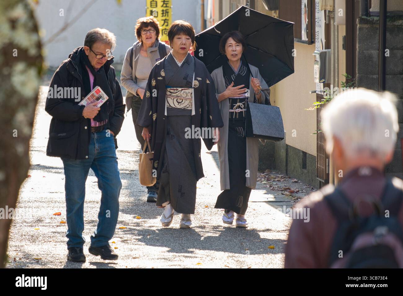 Un gruppo eterogeneo di individui che passeggiano insieme attraverso un affascinante quartiere di Kyoto, catturando un mix di culture, Kyoto, Giappone Foto Stock