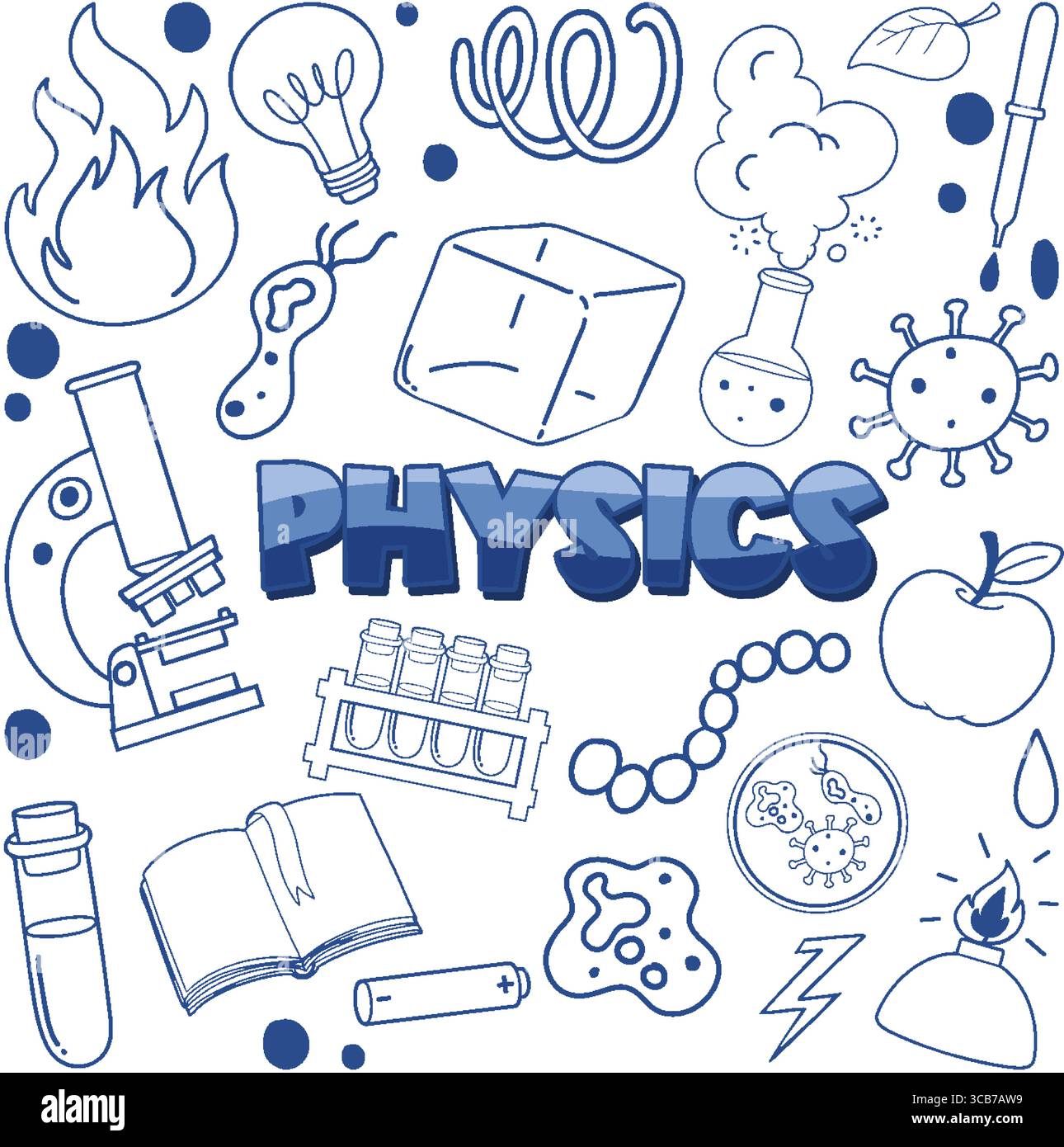 Illustrazione vettoriale di vari scarabocchi correlati alla fisica in stile blu, tra cui apparecchiature da laboratorio, simboli scientifici e fenomeni naturali su A. Illustrazione Vettoriale