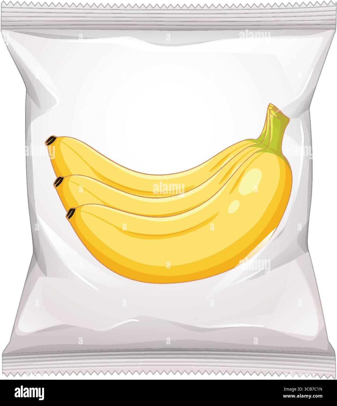 Illustrazione vettoriale di un pacchetto snack trasparente con un gruppo di banana giallo brillante, sfondo bianco pulito e design semplice e moderno Illustrazione Vettoriale