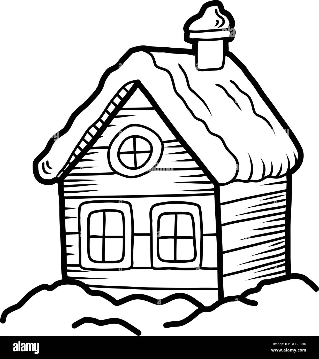 Accogliente cabina in legno coperta di neve durante la stagione invernale Illustrazione Vettoriale