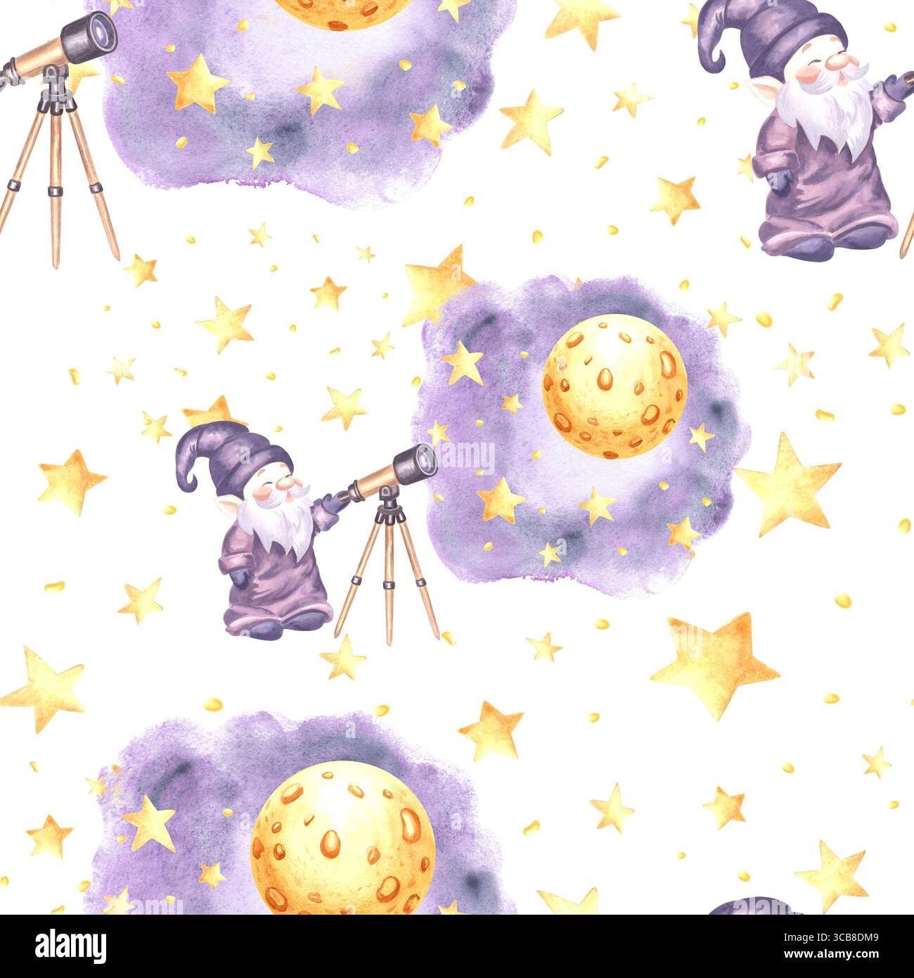 L'astronomo GNOME guarda attraverso il telescopio il cielo stellato della notte di luna, con un motivo senza cuciture ad acquerello per il design dei bambini. Elfi illustrativi disegnati a mano da Foto Stock