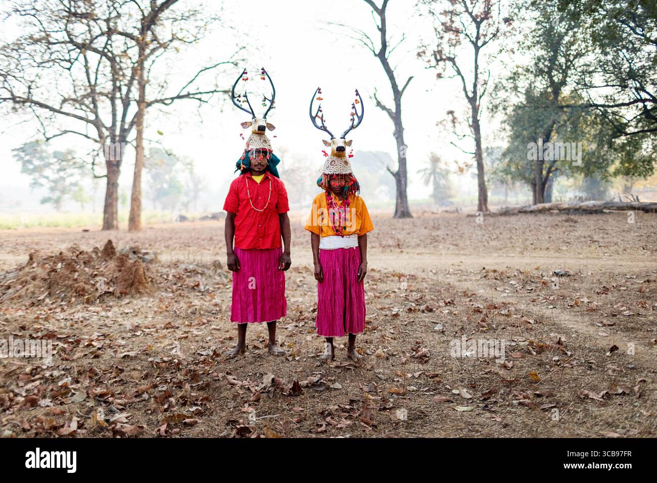 Uomini locali in gonne della tribù muria di cervi con abiti tradizionali con cappello di corno di cervo fatto a mano e ornamenti colorati, Chhattisgarh, india Foto Stock