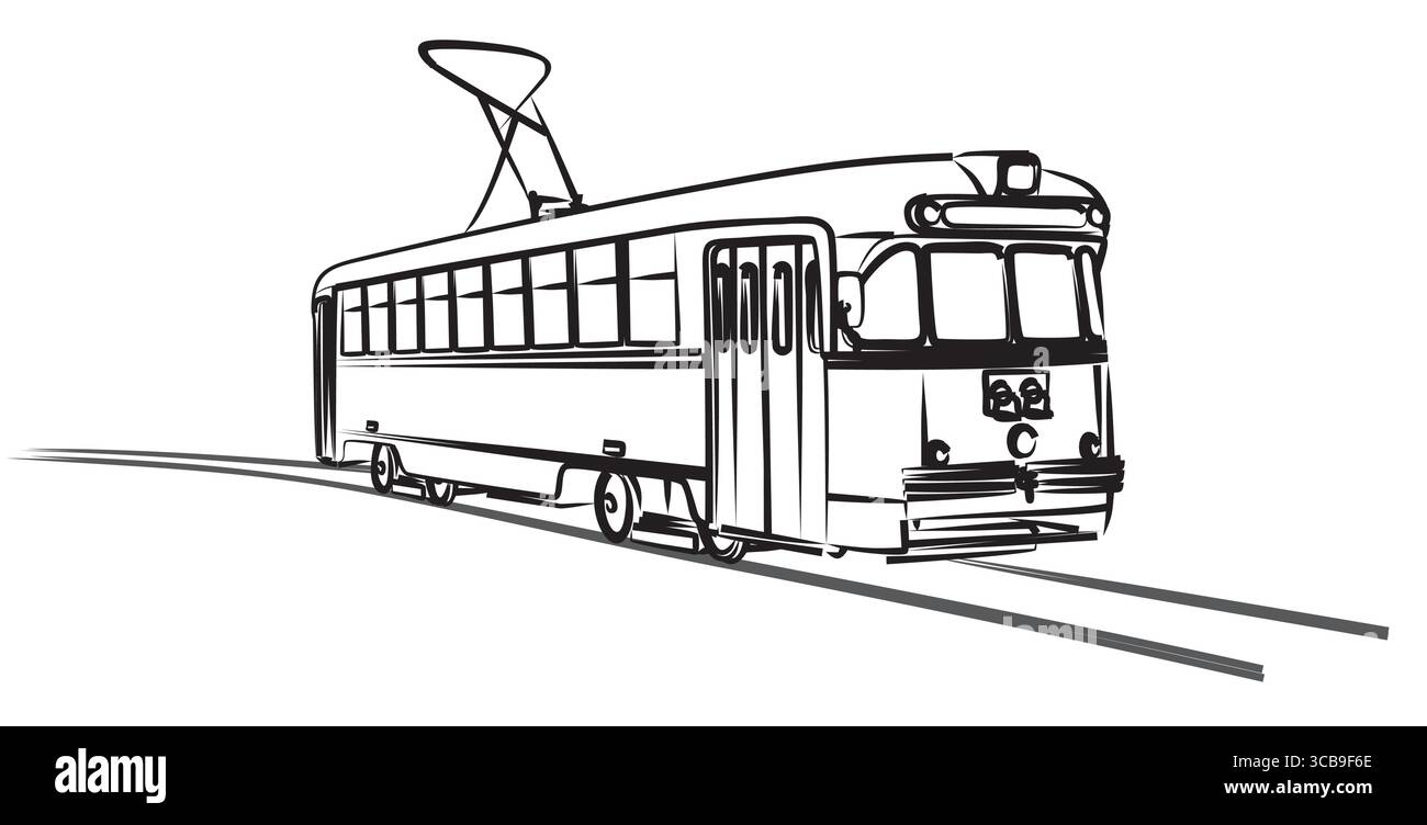 Schizzo di un vecchio tram retrò della città. Illustrazione Vettoriale
