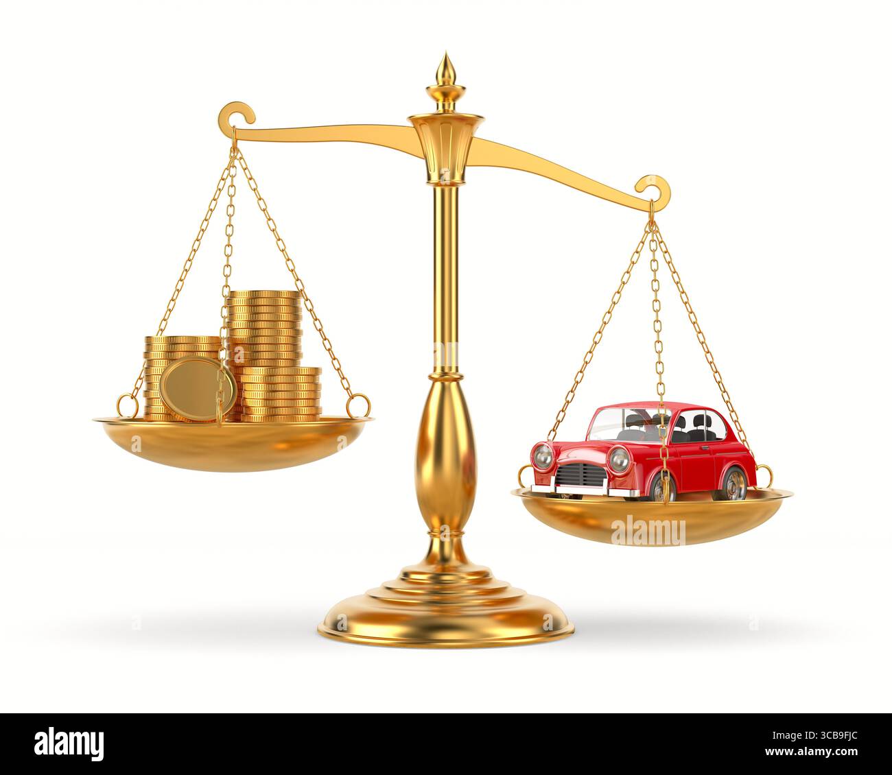 Auto e soldi su scala su sfondo bianco. Illustrazione 3D isolata Foto Stock