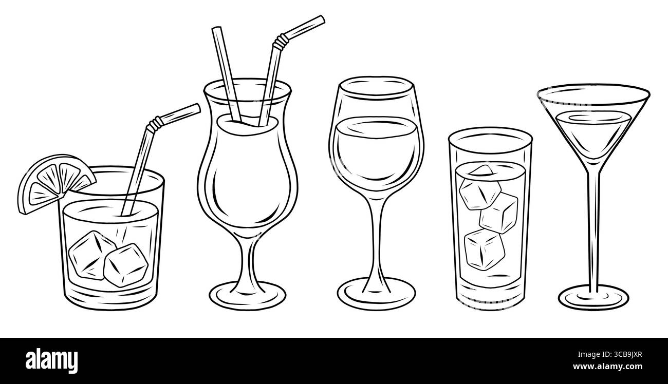 Illustrazione vettoriale di vari bicchieri da cocktail con cubetti di ghiaccio, cannucce e fette di limone. Disegnato in stile contorno. Perfetto per il design del menu e per i poster del bar Illustrazione Vettoriale