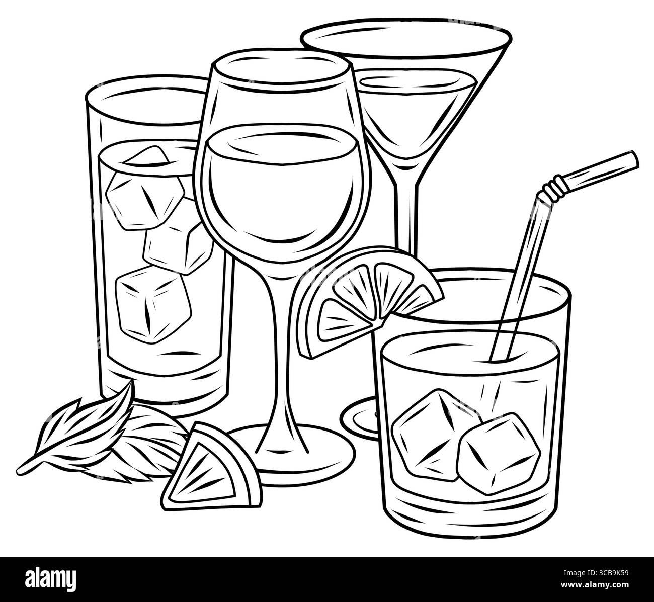 Disegno vettoriale di cocktail contorno con cubetti di ghiaccio, limoni e cannucce. Moderno stile monocromatico disegnato a mano. Ottimo per i menu del ristorante e per il bar Illustrazione Vettoriale