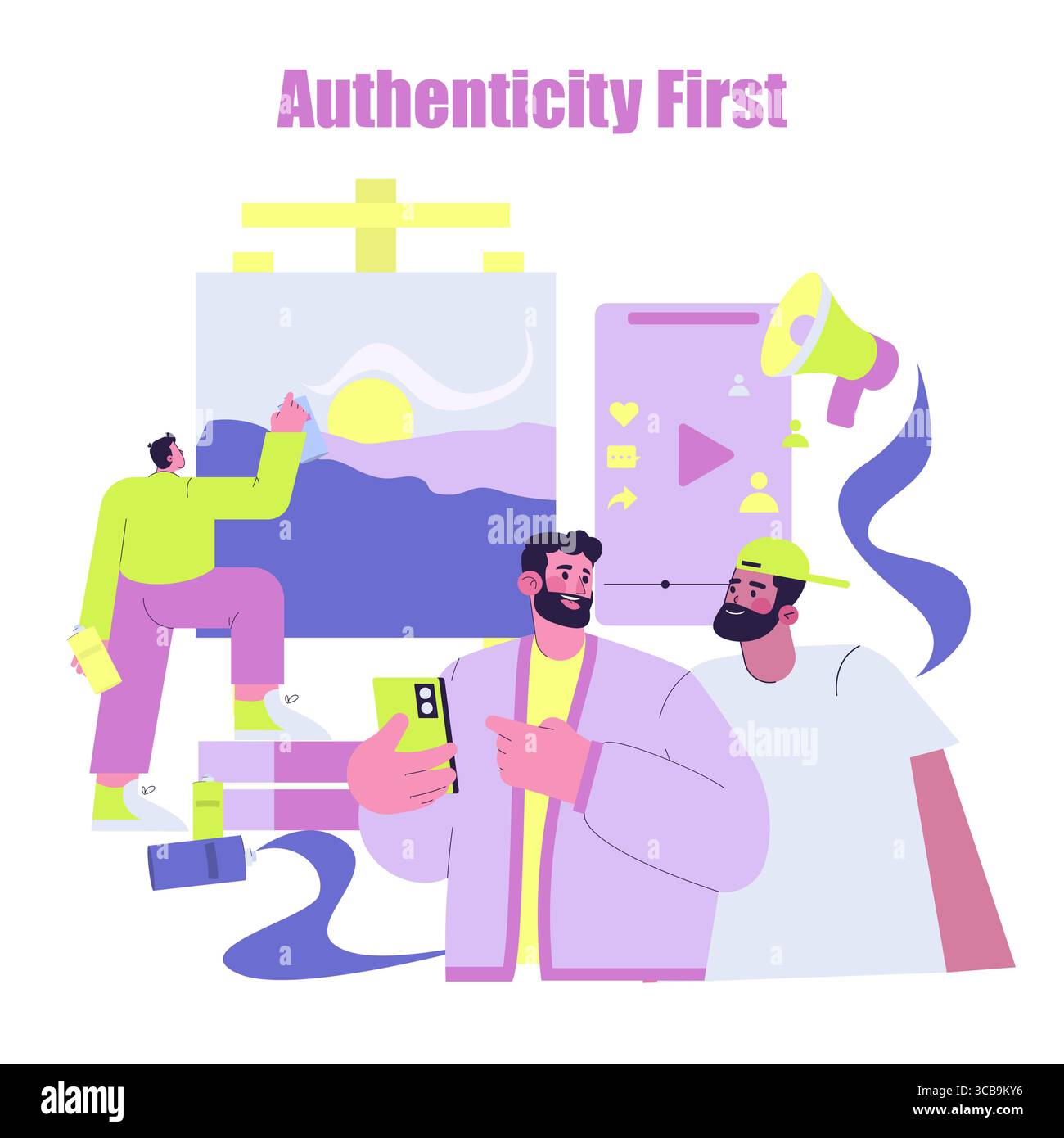 Illustrazione vettoriale di due persone che discutono della creatività con un'opera d'arte astratta e simboli dei media digitali. Una persona dipinge un paesaggio mentre altre rivedono il proprio dispositivo. Illustrazione Vettoriale