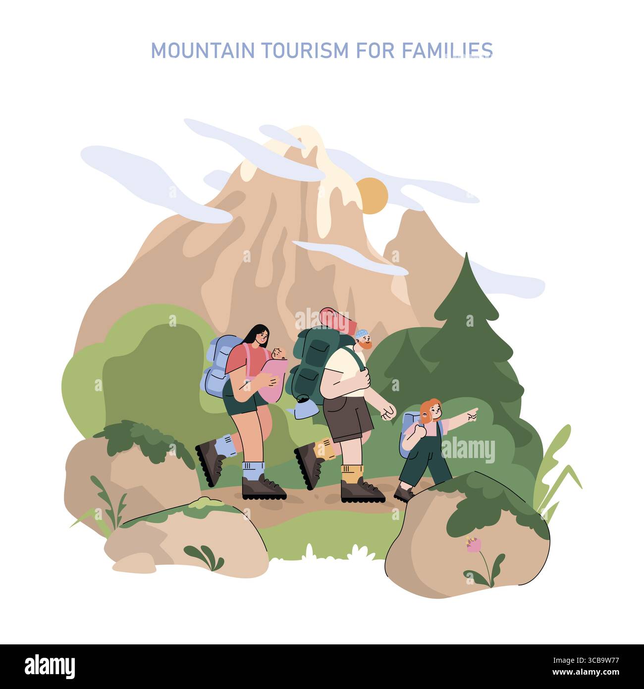Concetto di turismo di montagna. Escursioni in famiglia su un sentiero panoramico di montagna con zaini e attrezzature per l'esterno. Avventura, esplorazione della natura e vacanze attive in splendidi paesaggi. Illustrazione vettoriale. Illustrazione Vettoriale