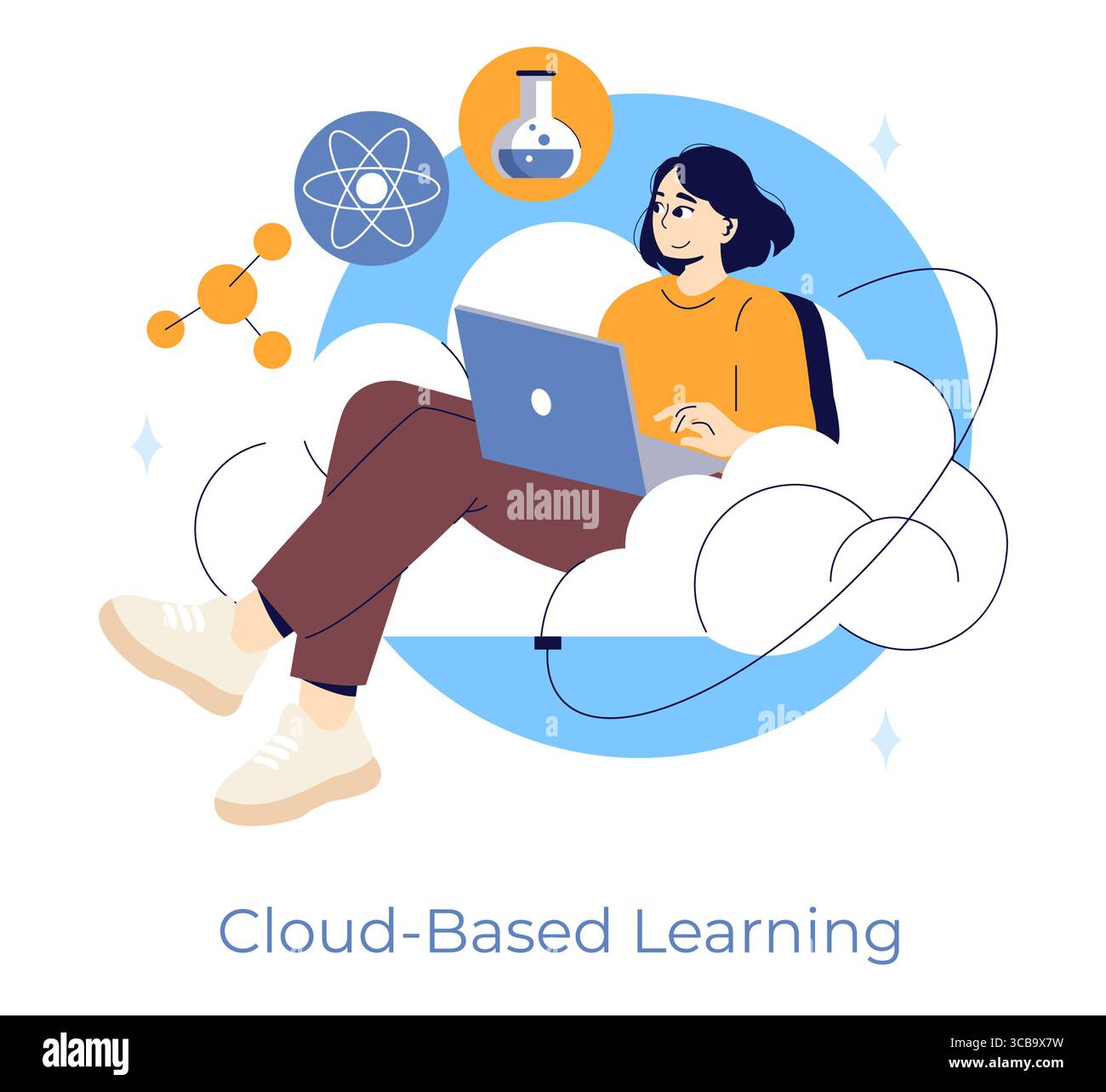 Illustrazione vettoriale di una persona impegnata nell'apprendimento basato su cloud, che utilizza un notebook circondato da icone scientifiche. L'immagine mette in risalto la tecnologia e l'istruzione online in un ambiente digitale creativo. Illustrazione Vettoriale
