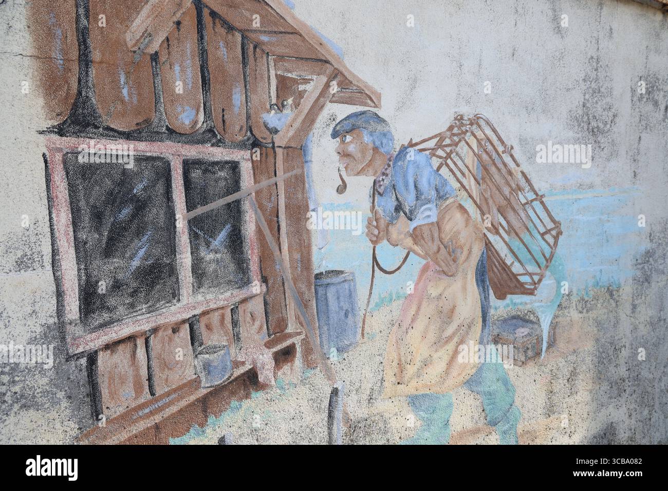Capanna per la vendita di ostriche e ostriche nel porto di Larros a Gujan-Mestras nella baia di Arcachon, in Francia. Foto Stock