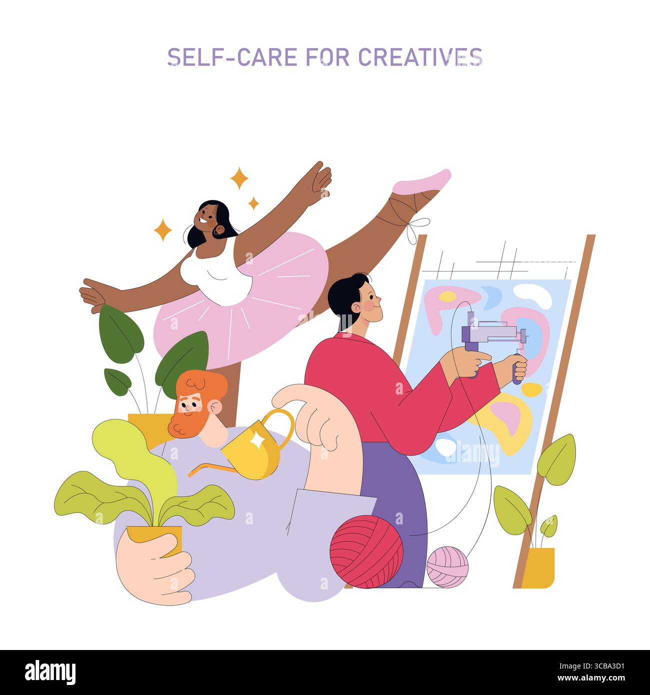 Illustrazione vettoriale di individui che si occupano di attività creative di auto-cura, tra cui pittura, danza classica e cura delle piante, evidenziando il relax e l'espressione. Illustrazione Vettoriale